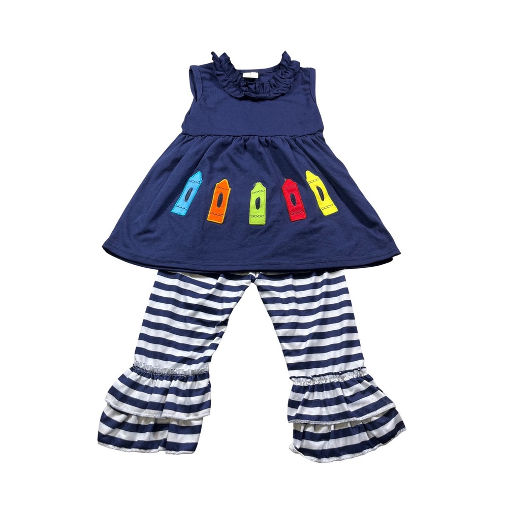 Toddler Girl Crayon Outfit 2T Boutique School Tunic Top & Ruffle Leggings Set